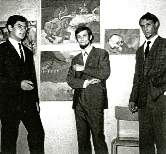 De gauche à droite : JF Vautrin, Y Solanilla, A Houot,  à 19 ans, leur 1ère Expo, le 21 mai 1966. 